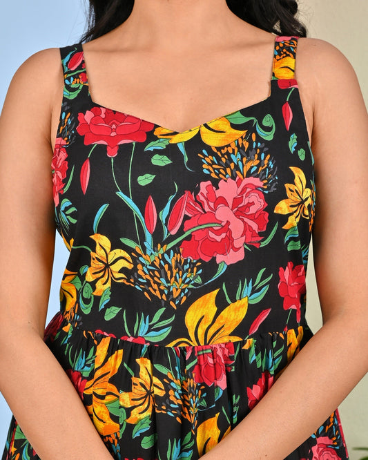 Black Floral Printed Dress for Women | LASVINI - Redefining Indian Fashion with Elegance