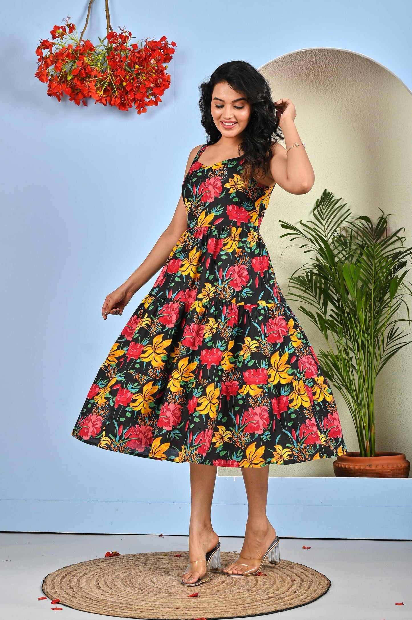 Black Floral Printed Dress for Women | LASVINI - Redefining Indian Fashion with Elegance