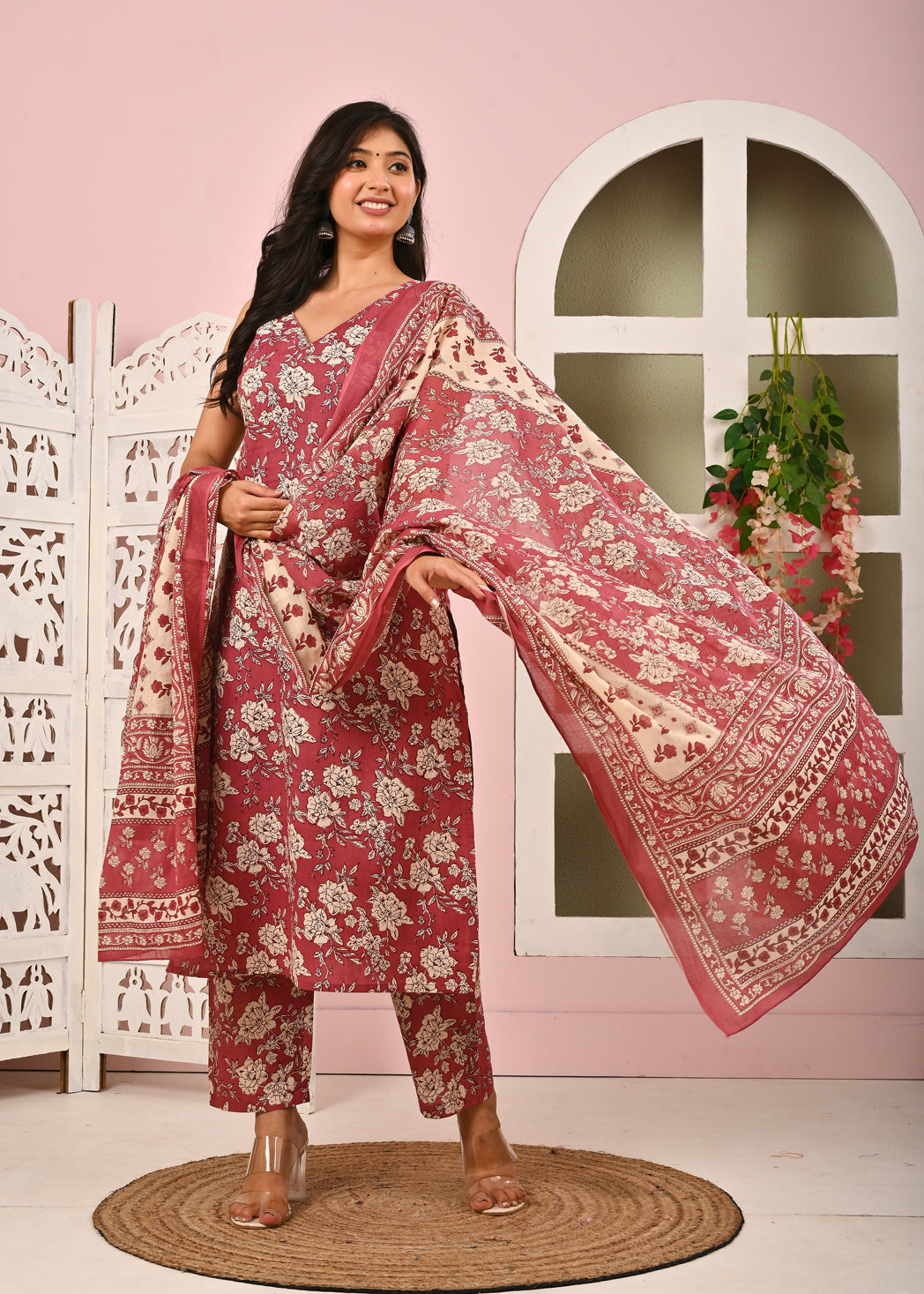 Mauve Floral Printed Kurta Set with Dupatta for Women | LASVINI - Redefining Indian Fashion with Elegance