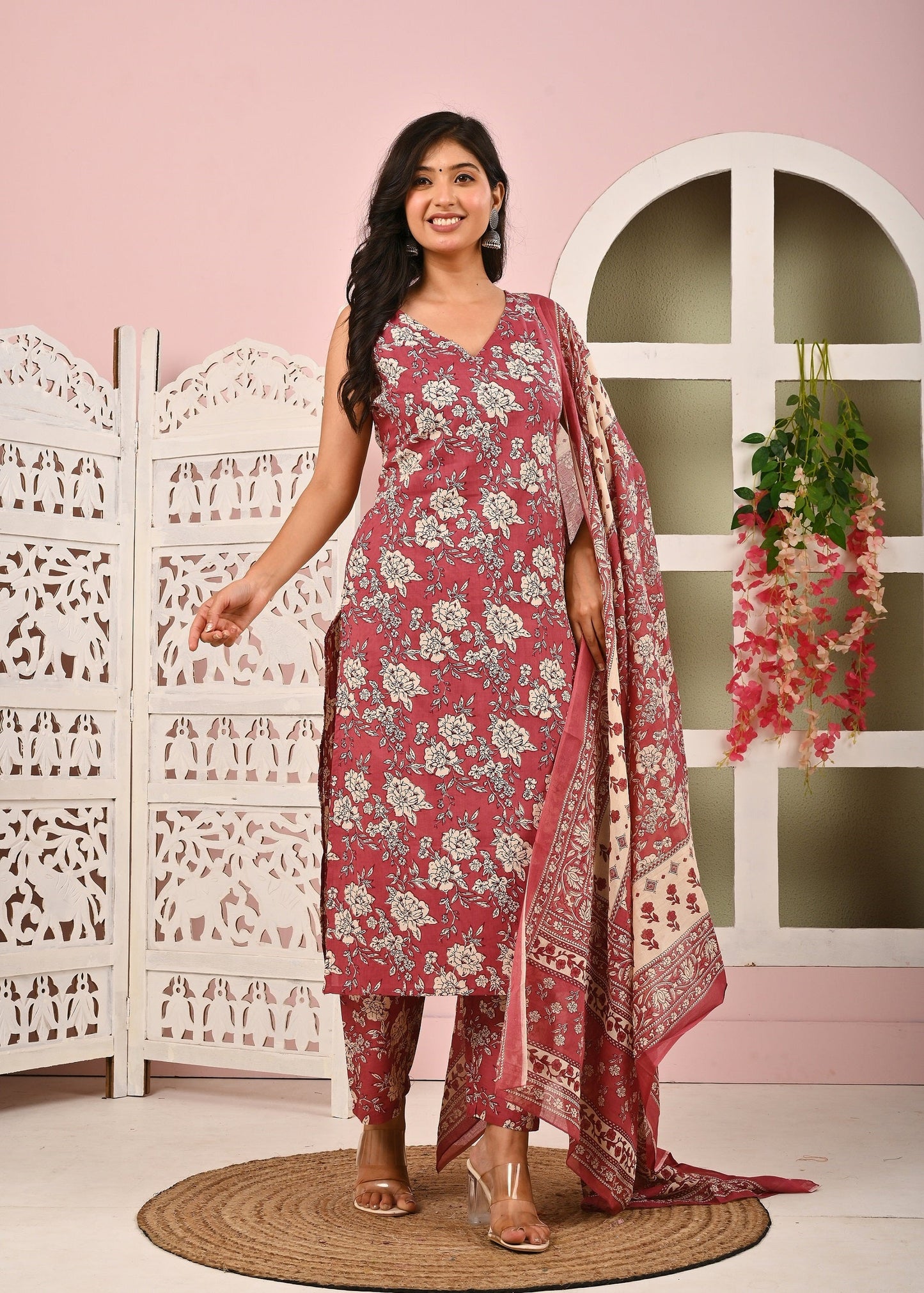 Mauve Floral Printed Kurta Set with Dupatta for Women | LASVINI - Redefining Indian Fashion with Elegance