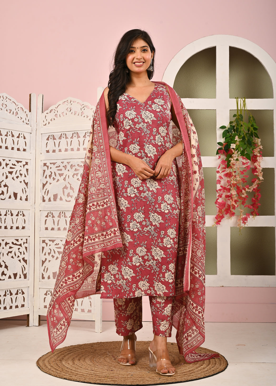 Mauve Floral Printed Kurta Set with Dupatta for Women | LASVINI - Redefining Indian Fashion with Elegance