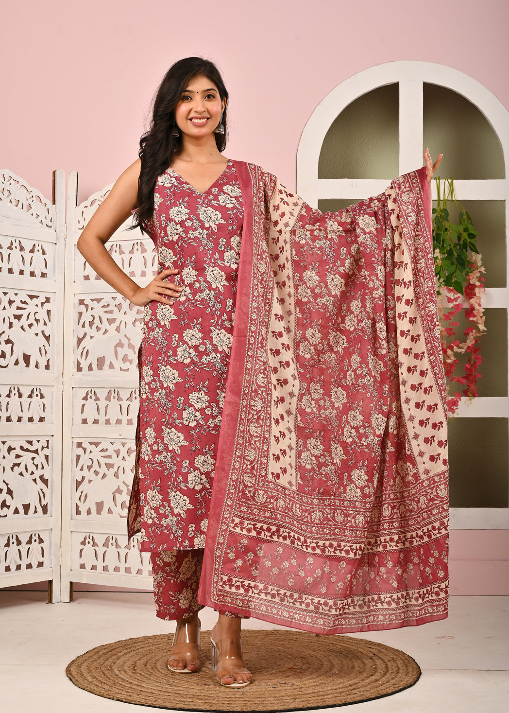 Mauve Floral Printed Kurta Set with Dupatta for Women | LASVINI - Redefining Indian Fashion with Elegance