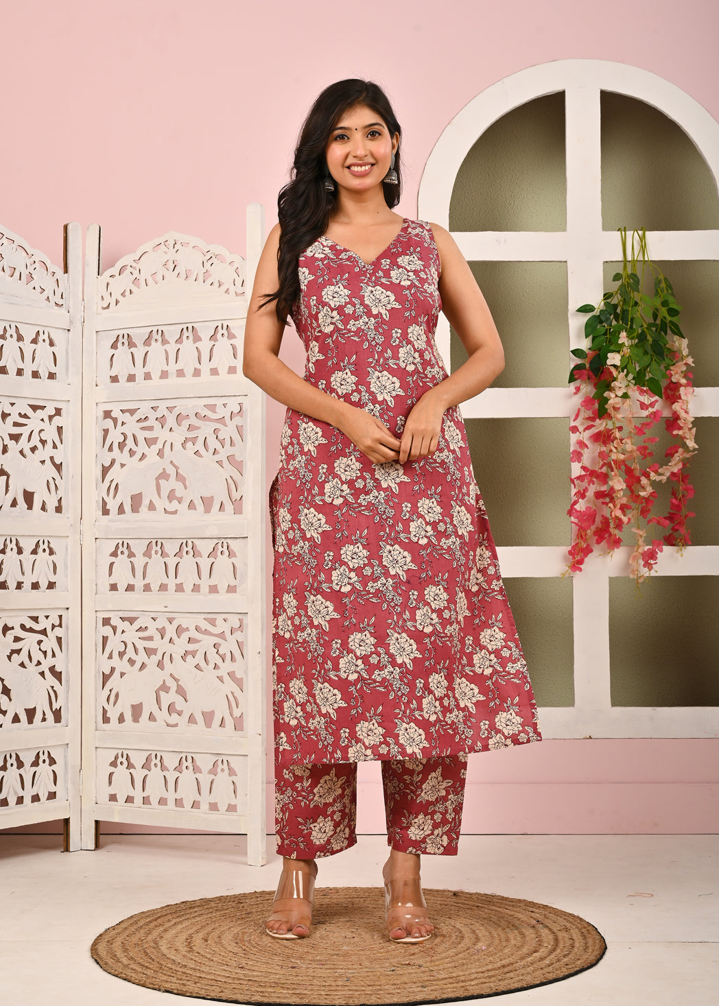 Mauve Floral Printed Kurta Set with Dupatta for Women | LASVINI - Redefining Indian Fashion with Elegance