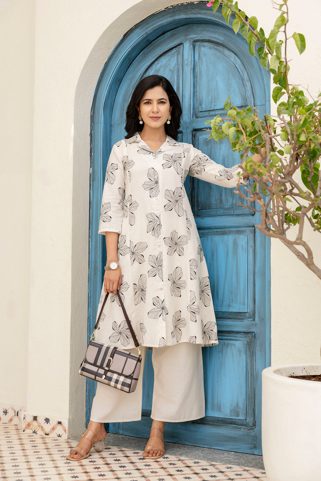 Off-White Printed Pure Cotton Coord Set For Women | LASVINI - Redefining Indian Fashion with Elegance