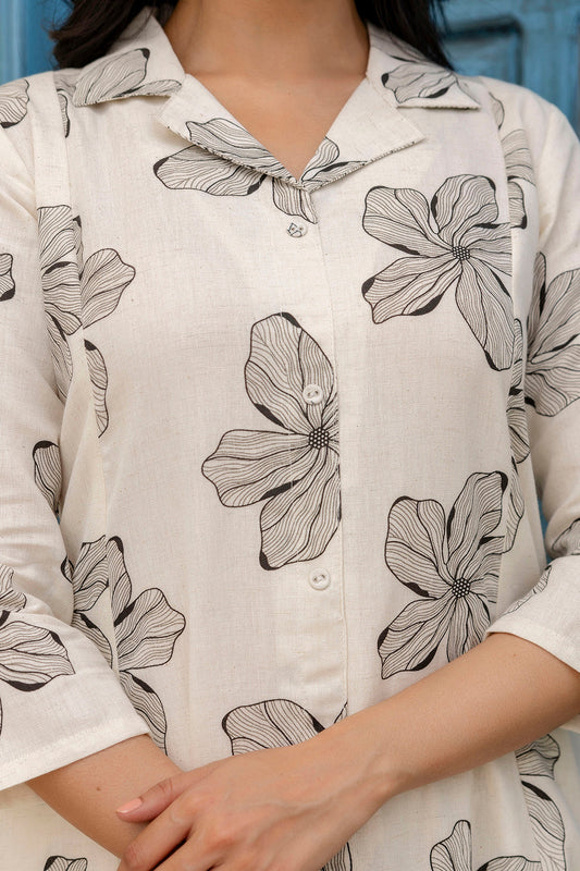 Off-White Printed Pure Cotton Coord Set For Women | LASVINI - Redefining Indian Fashion with Elegance