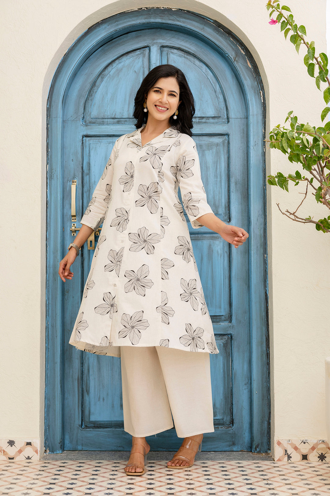 Off-White Printed Pure Cotton Coord Set For Women | LASVINI - Redefining Indian Fashion with Elegance