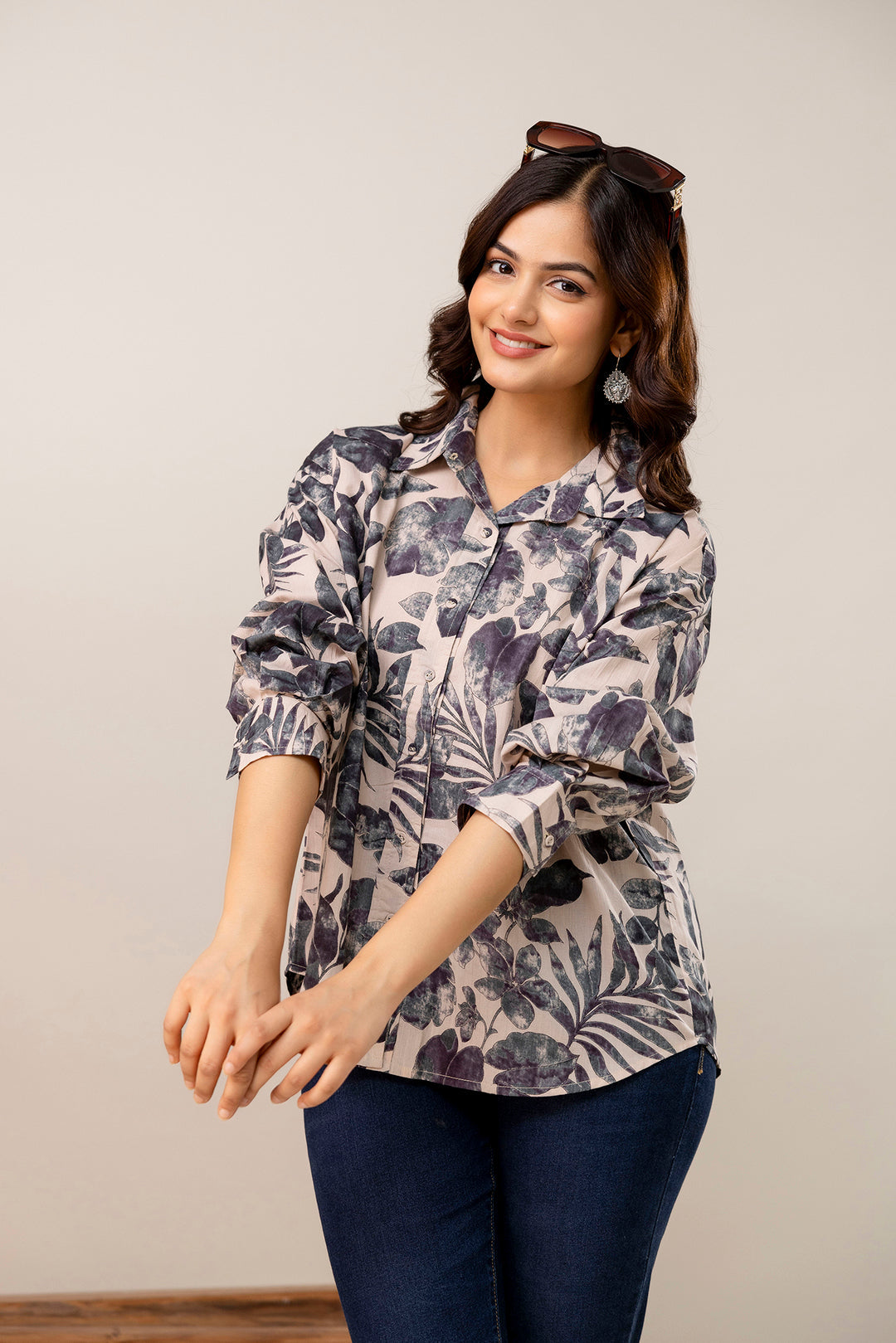 Beige Floral Printed Shirt for Women | LASVINI - Redefining Indian Fashion with Elegance