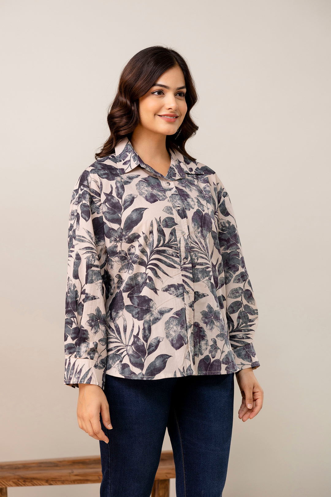 Beige Floral Printed Shirt for Women | LASVINI - Redefining Indian Fashion with Elegance
