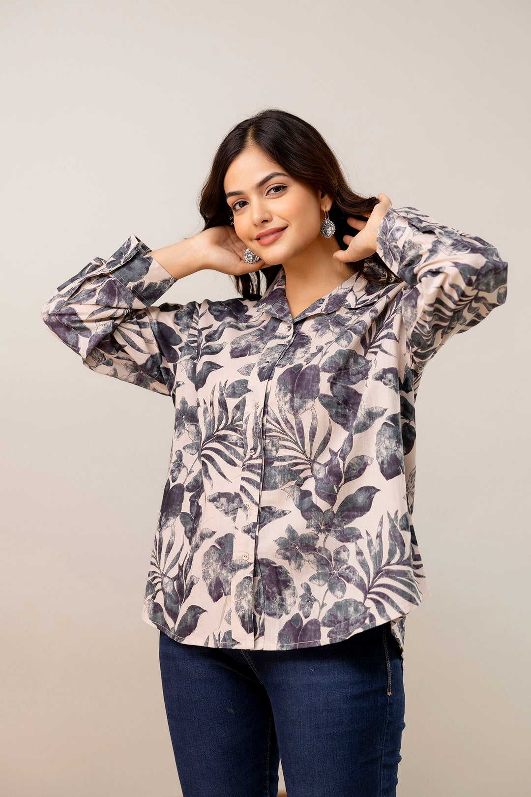 Beige Floral Printed Shirt for Women | LASVINI - Redefining Indian Fashion with Elegance