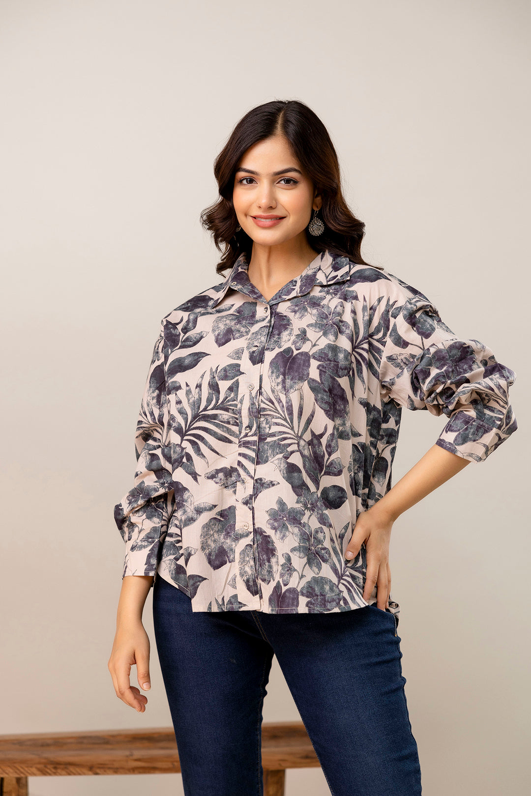 Beige Floral Printed Shirt for Women | LASVINI - Redefining Indian Fashion with Elegance