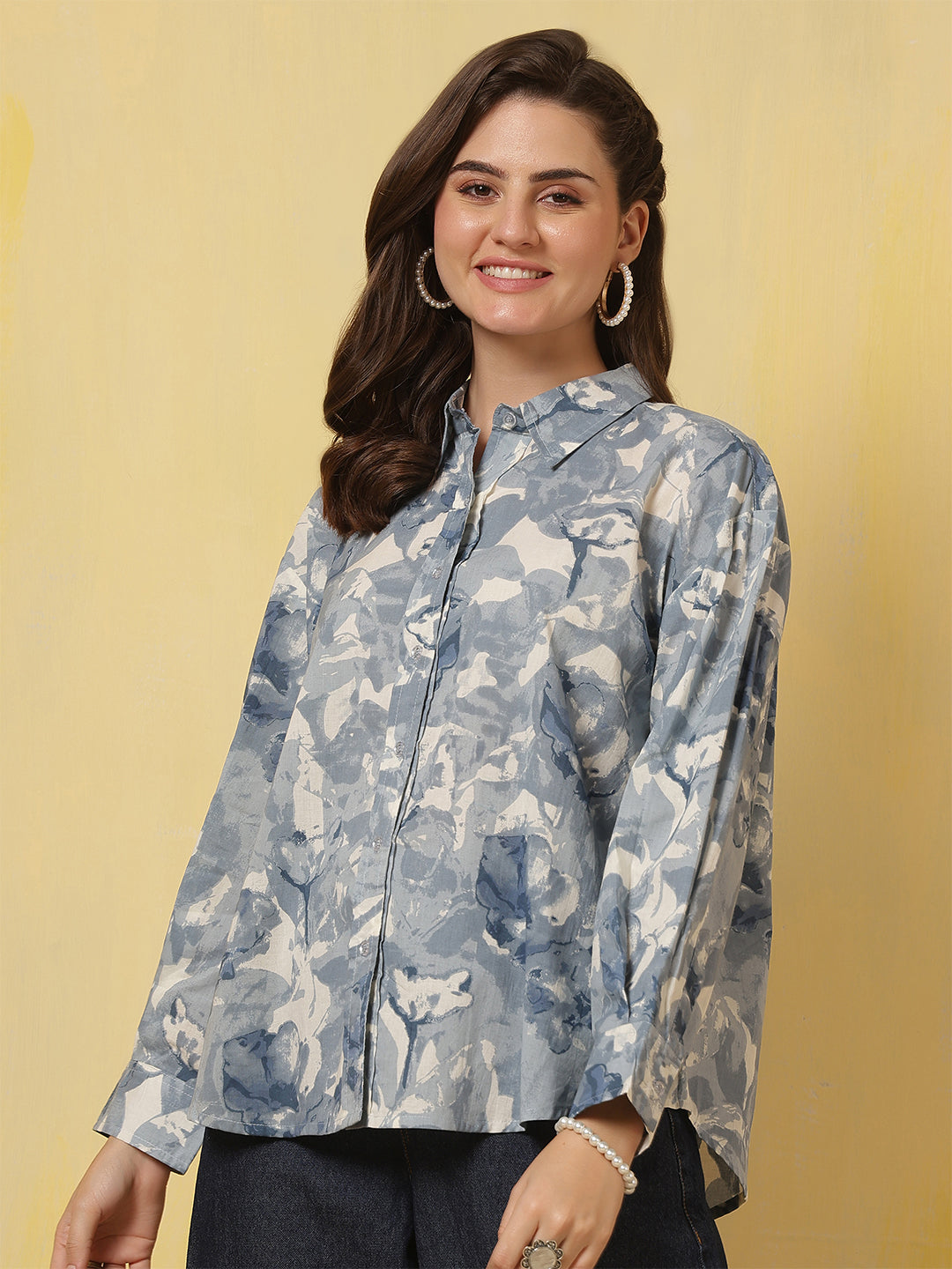 Blue & White Floral Printed Shirt for Women | LASVINI - Redefining Indian Fashion with Elegance