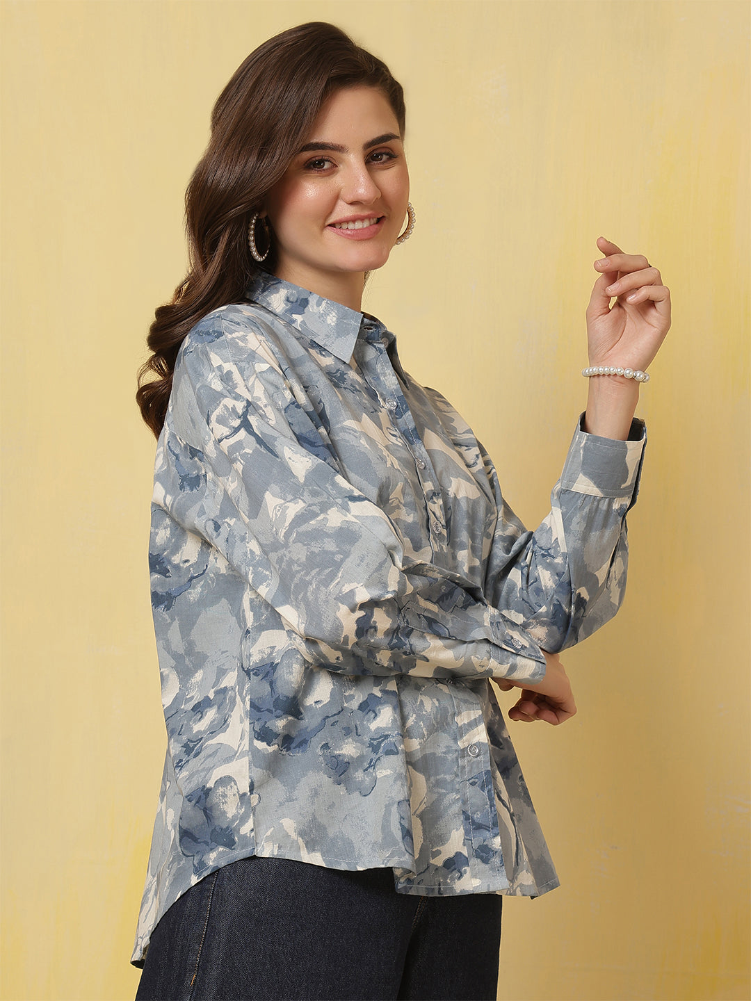 Blue & White Floral Printed Shirt for Women | LASVINI - Redefining Indian Fashion with Elegance
