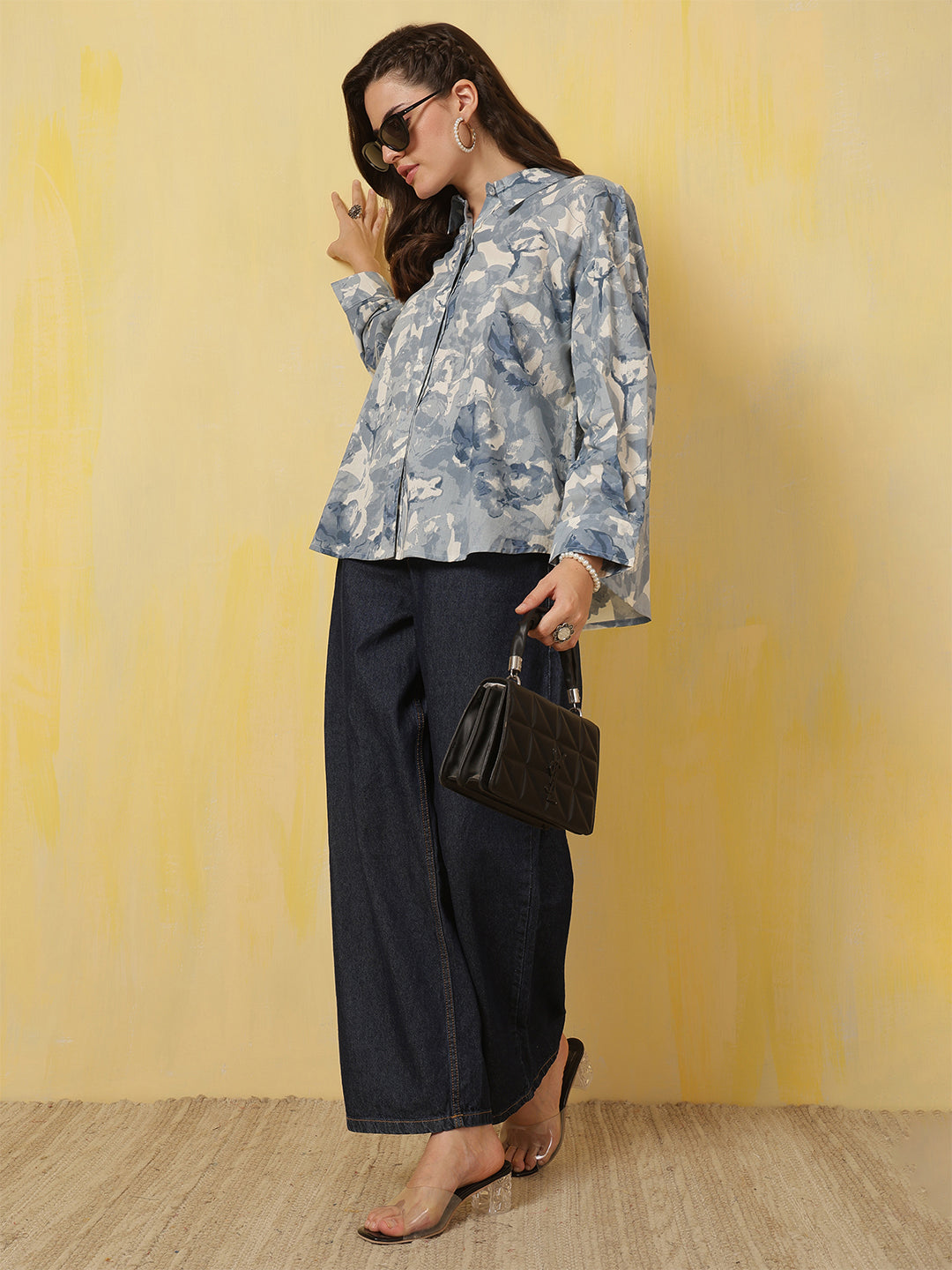 Blue & White Floral Printed Shirt for Women | LASVINI - Redefining Indian Fashion with Elegance