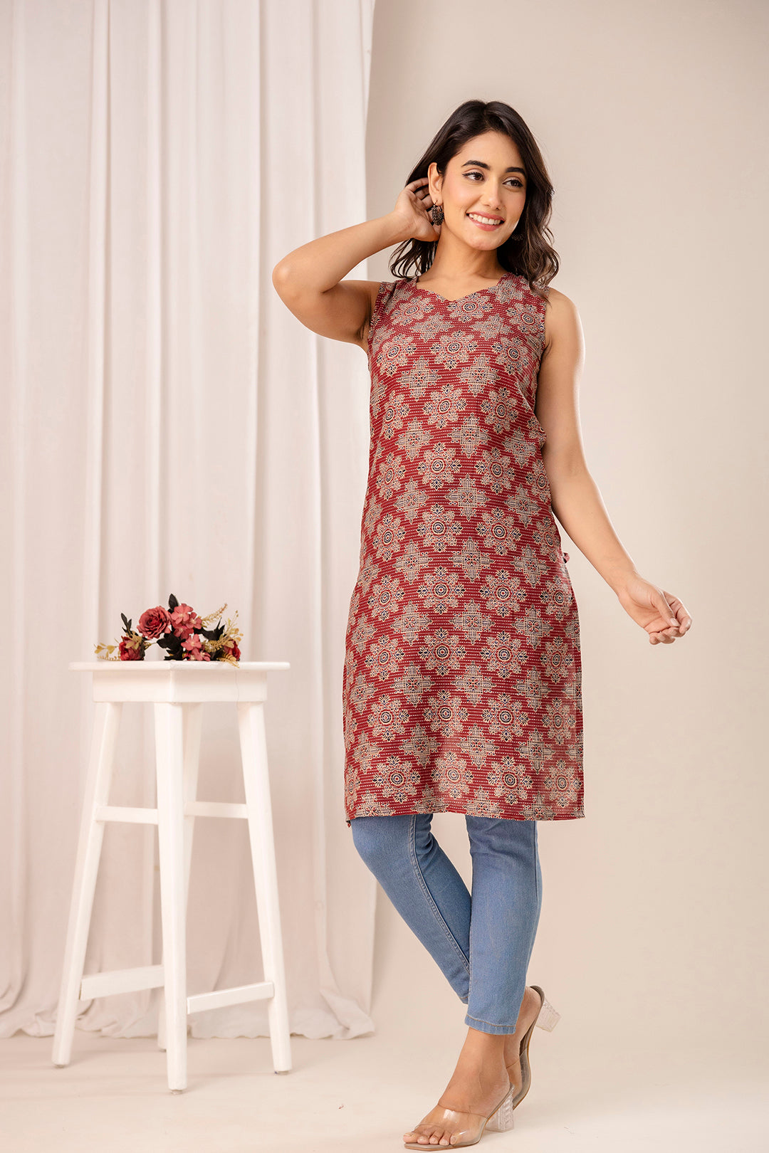 Maroon Printed Kurta for Women | LASVINI - Redefining Indian Fashion with Elegance