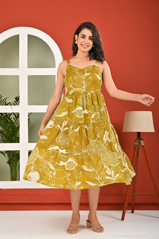 Olive Tropical Printed Dress for Women | LASVINI - Redefining Indian Fashion with Elegance