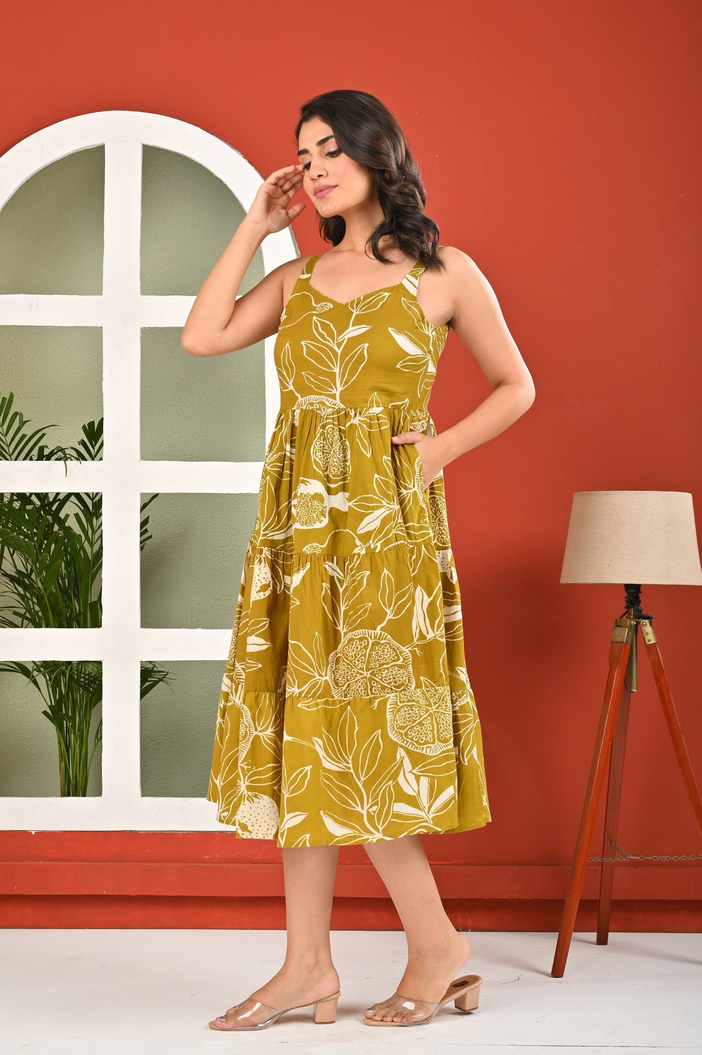 Olive Tropical Printed Dress for Women | LASVINI - Redefining Indian Fashion with Elegance