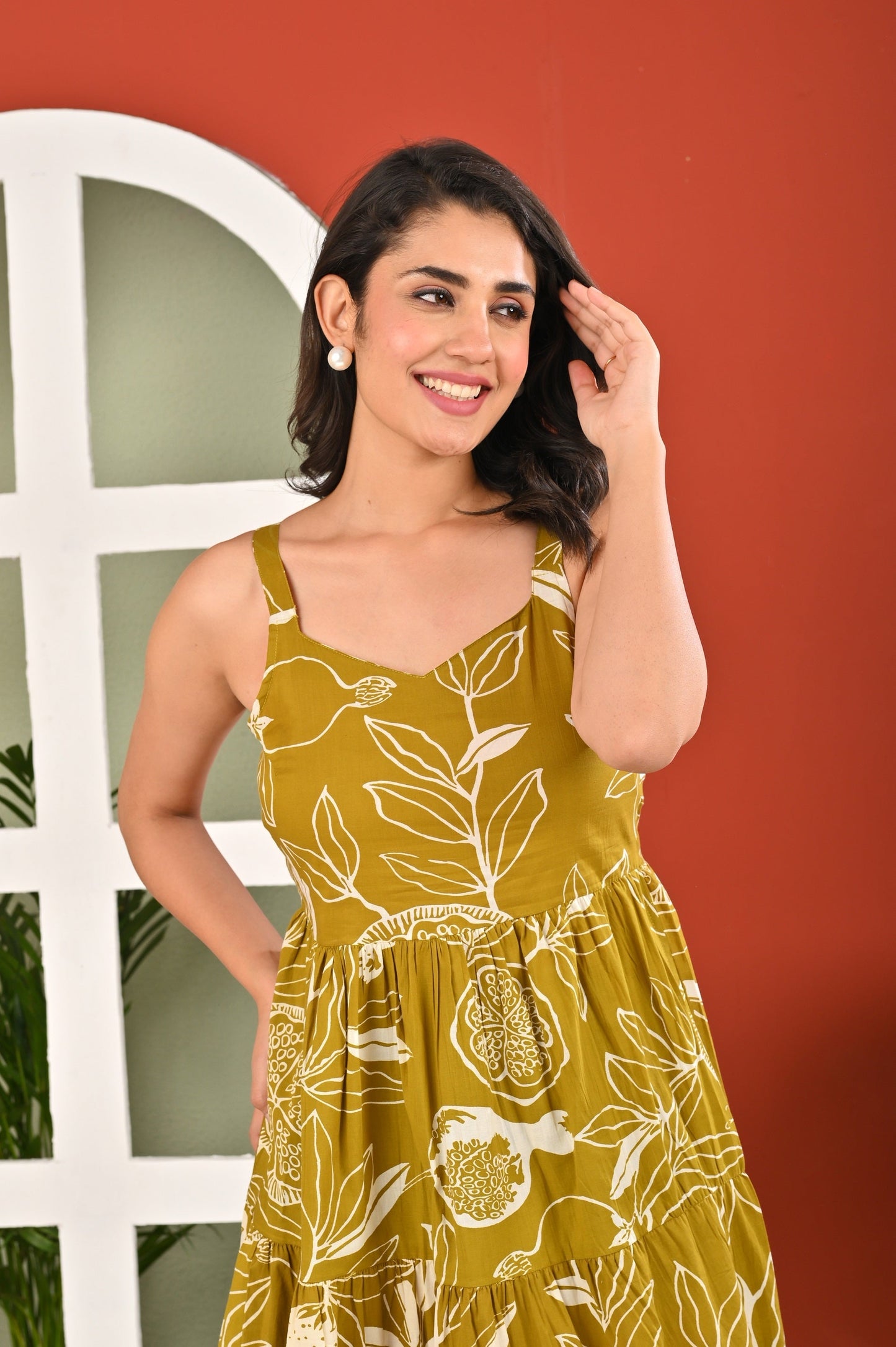 Olive Tropical Printed Dress for Women | LASVINI - Redefining Indian Fashion with Elegance