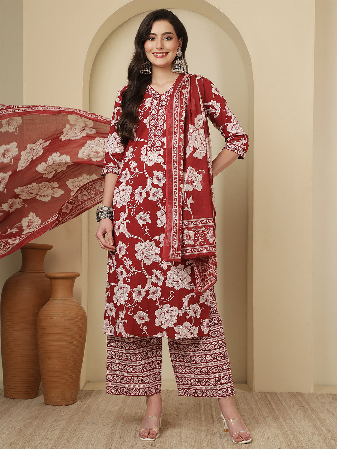 Maroon Printed Kurta Set with Dupatta for Women | LASVINI - Redefining Indian Fashion with Elegance