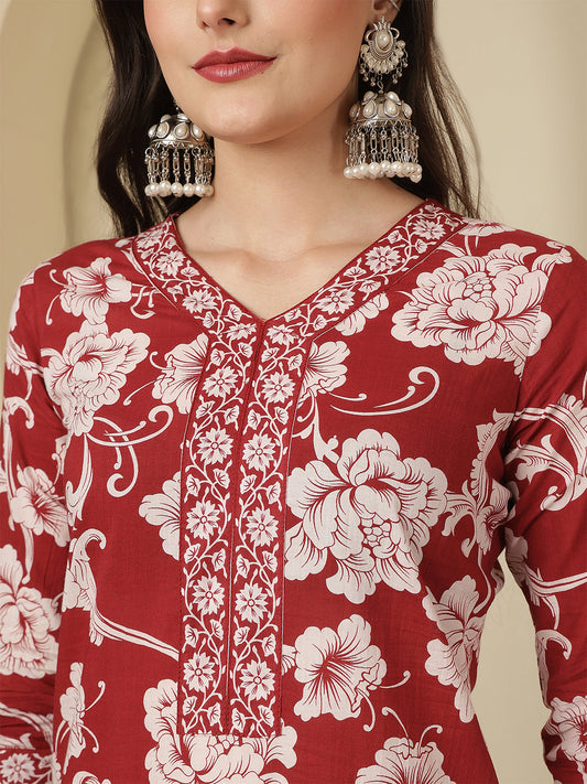 Maroon Printed Kurta Set with Dupatta for Women | LASVINI - Redefining Indian Fashion with Elegance