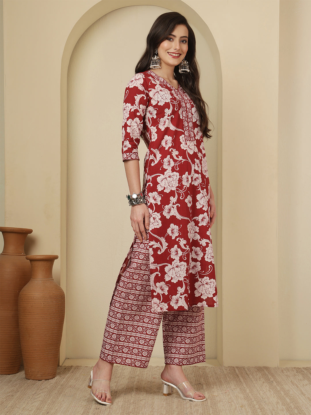 Maroon Printed Kurta Set with Dupatta for Women | LASVINI - Redefining Indian Fashion with Elegance