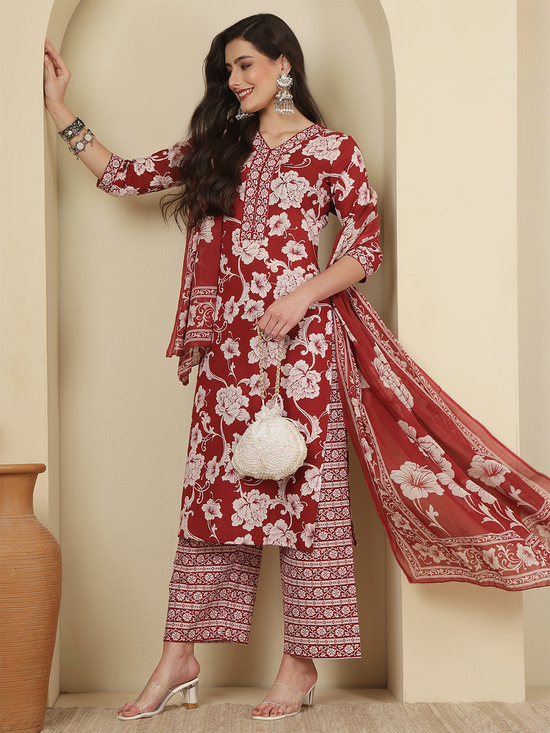 Maroon Printed Kurta Set with Dupatta for Women | LASVINI - Redefining Indian Fashion with Elegance