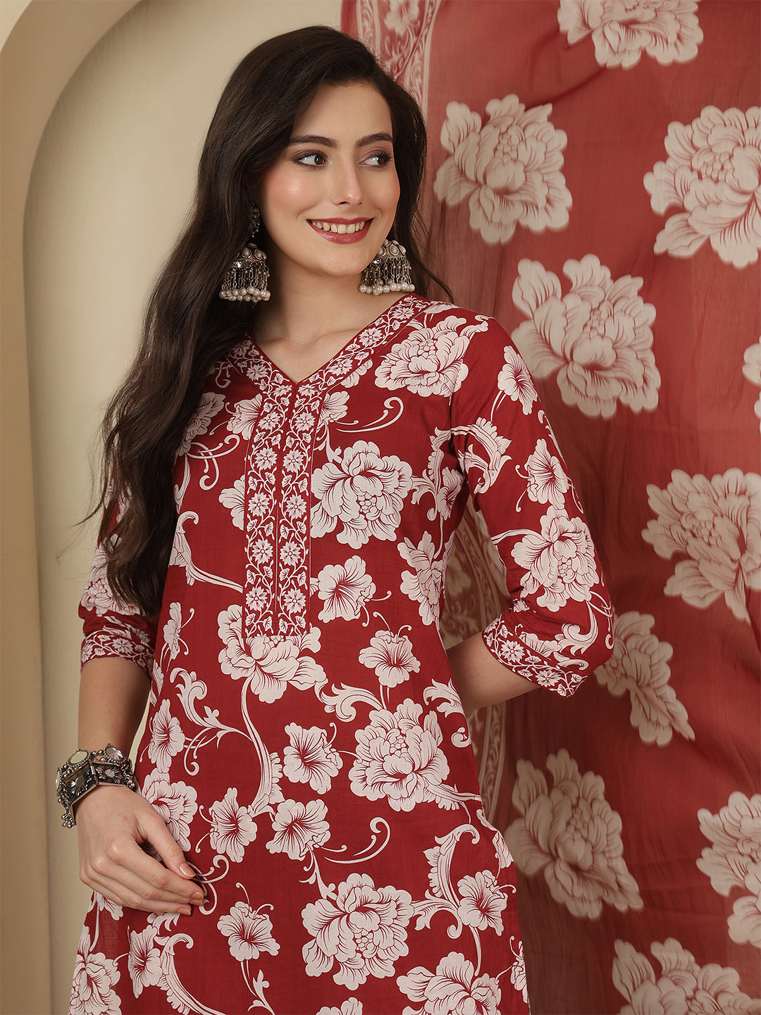 Maroon Printed Kurta Set with Dupatta for Women | LASVINI - Redefining Indian Fashion with Elegance