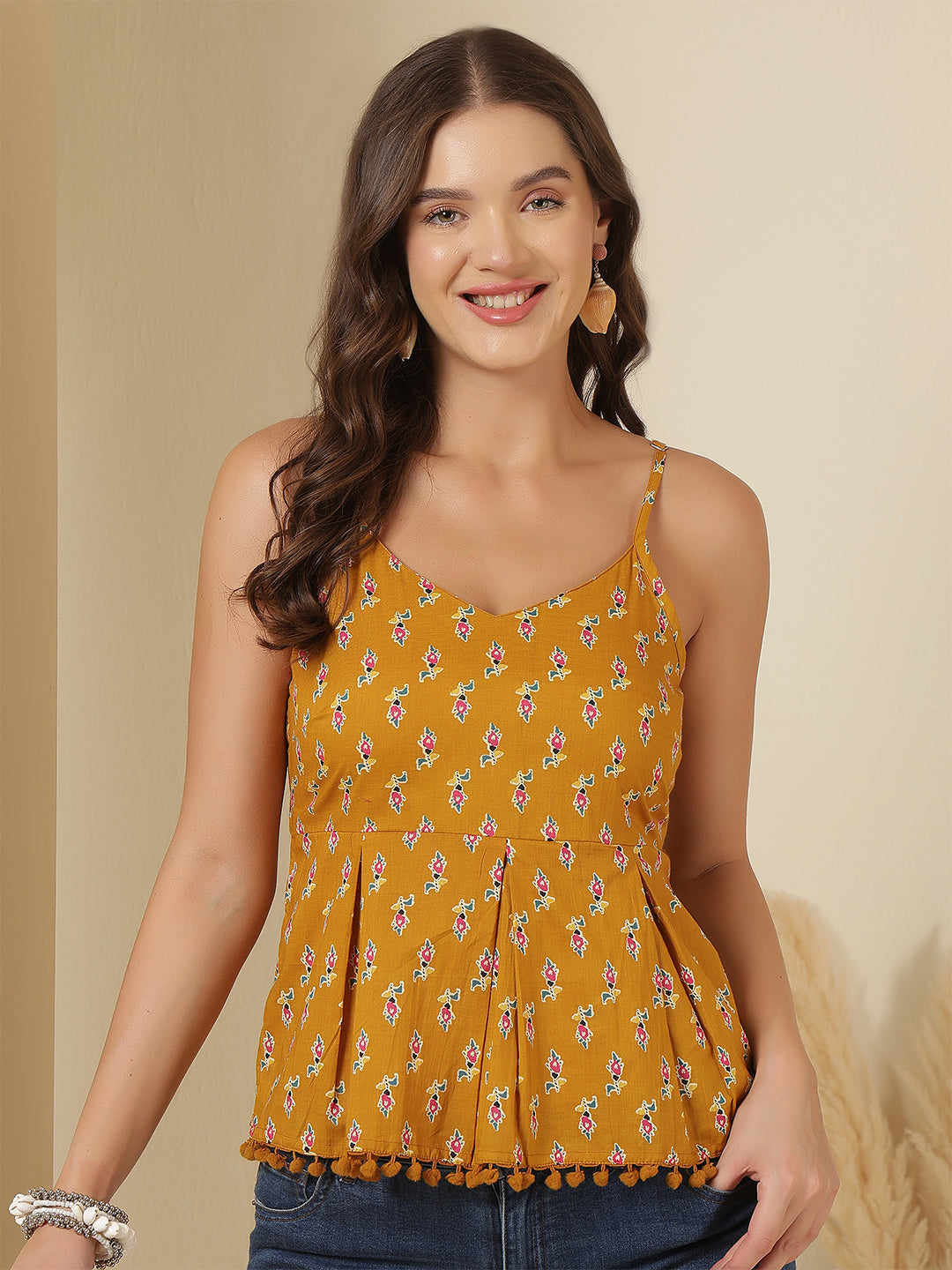 Yellow Printed Sleeveless Top for Women | LASVINI - Redefining Indian Fashion with Elegance
