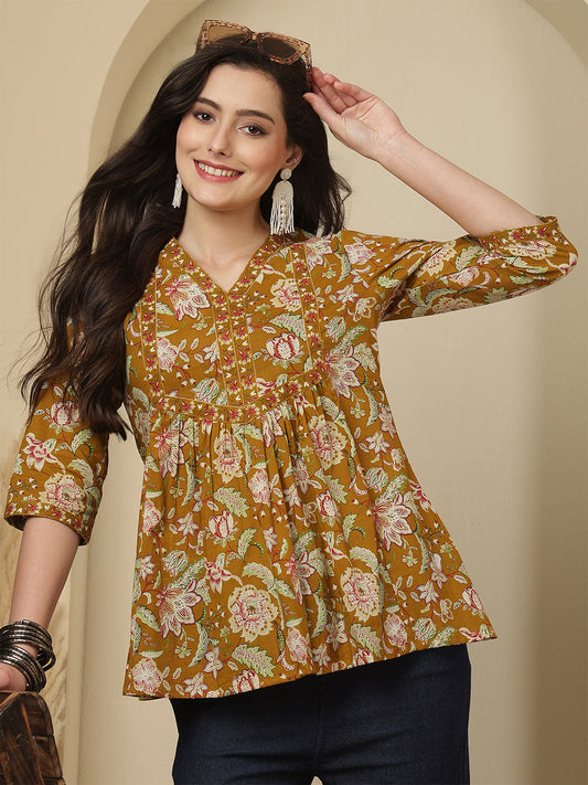 Mustard Floral Printed Top for Women | LASVINI - Redefining Indian Fashion with Elegance