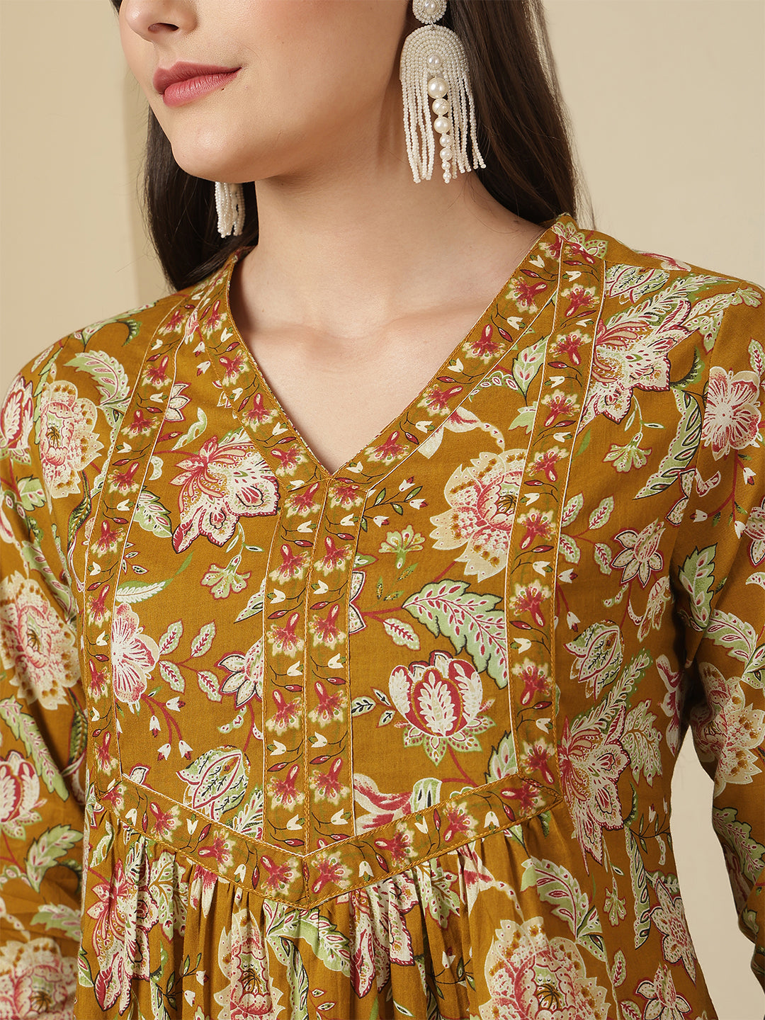 Mustard Floral Printed Top for Women | LASVINI - Redefining Indian Fashion with Elegance