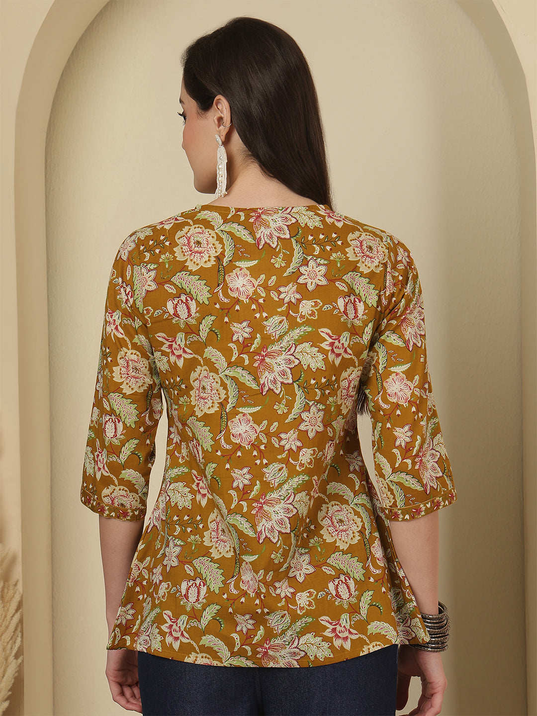 Mustard Floral Printed Top for Women | LASVINI - Redefining Indian Fashion with Elegance