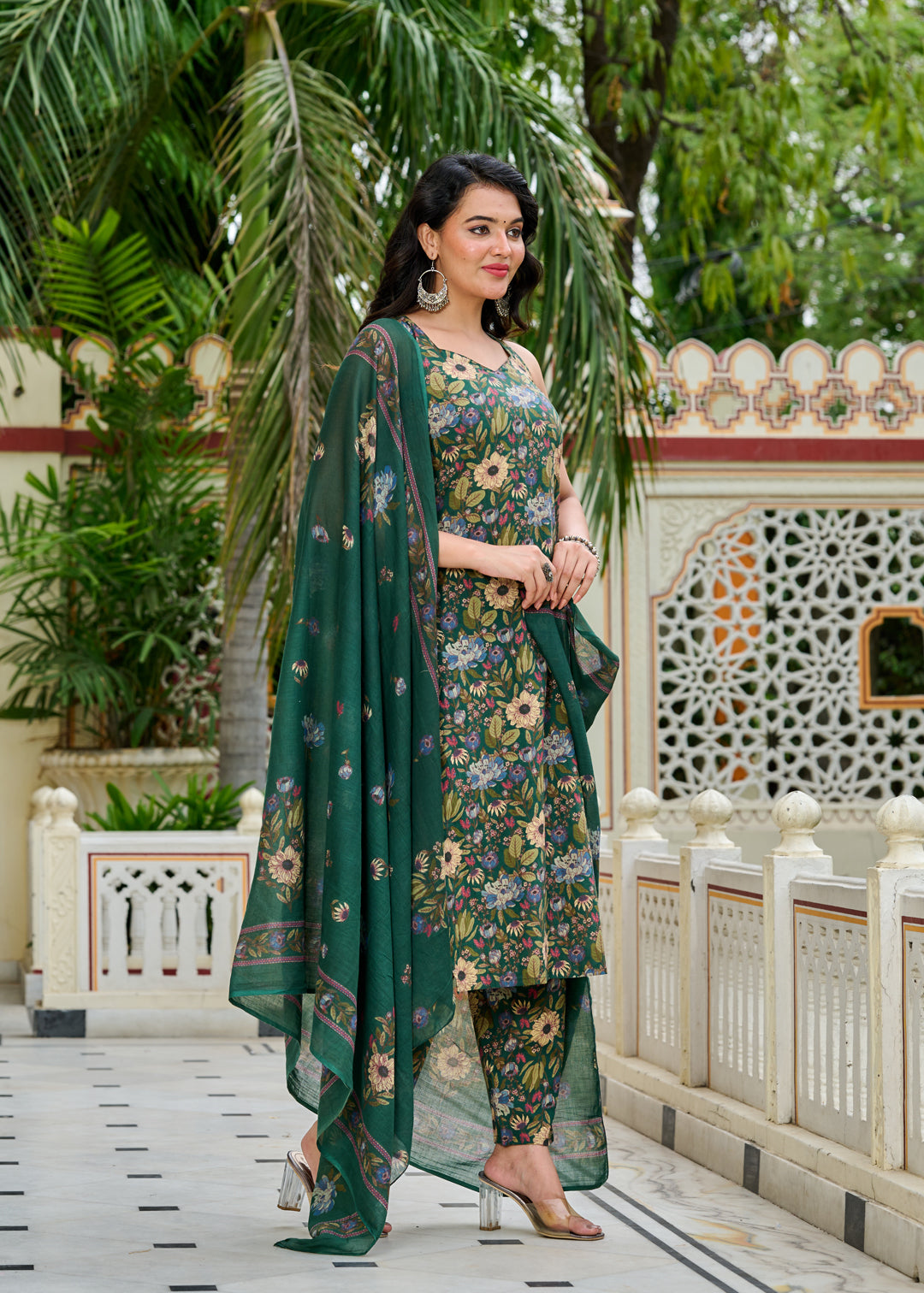 Green Floral Printed Kurta Set with Dupatta for Women | LASVINI - Redefining Indian Fashion with Elegance