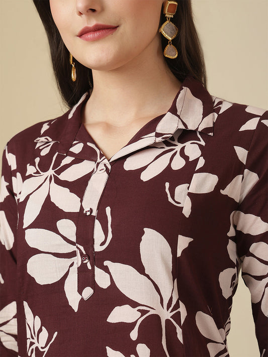 Burgundy Floral Printed Co-Ord Set for Women | LASVINI - Redefining Indian Fashion with Elegance