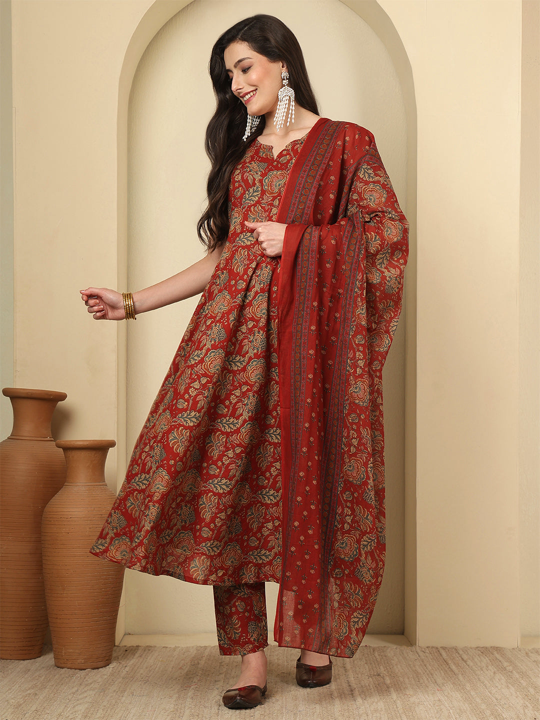Maroon Printed Kurta Set with Dupatta for Women | LASVINI - Redefining Indian Fashion with Elegance