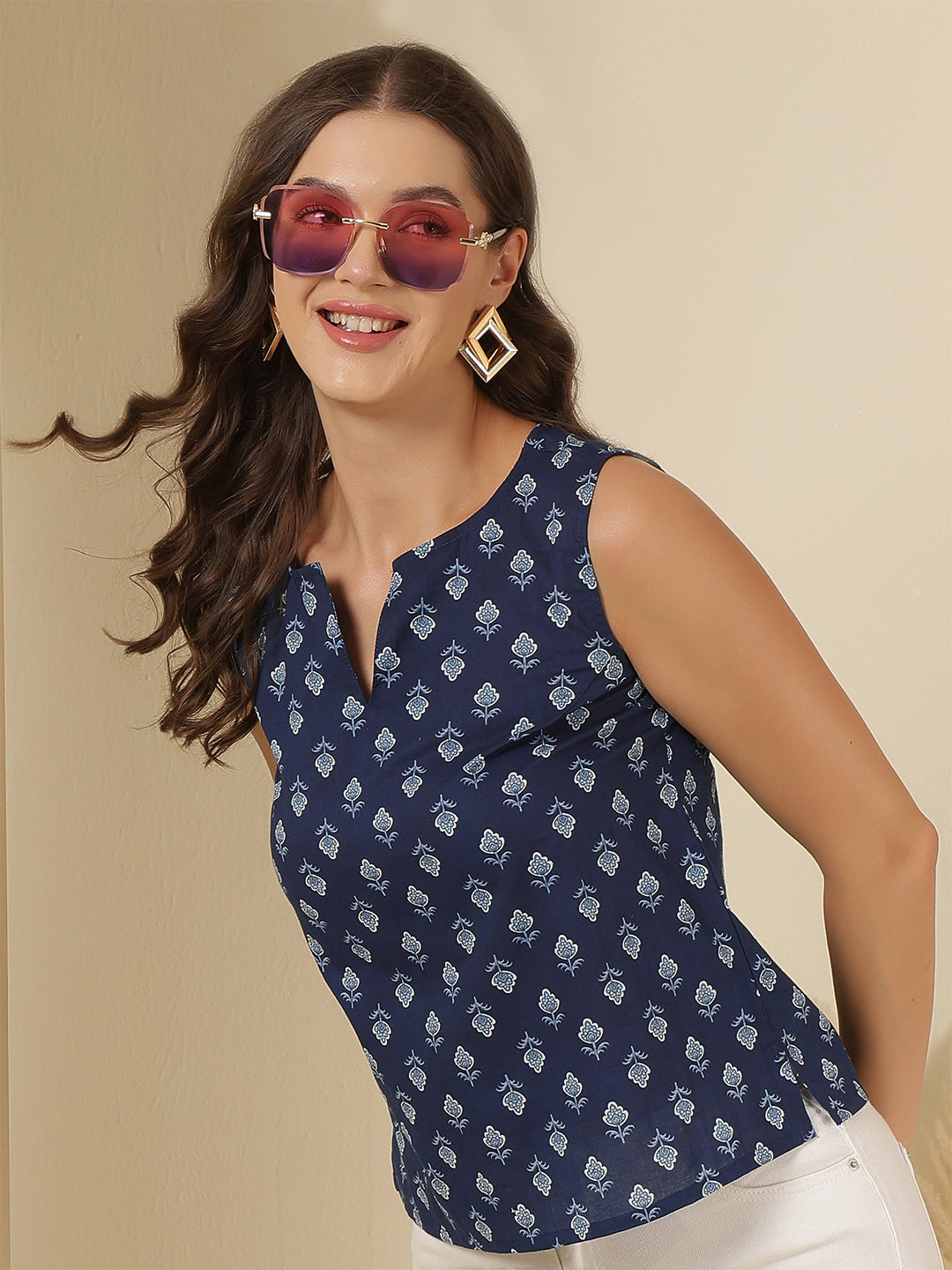 Women Blue Printed Straight Top | LASVINI - Redefining Indian Fashion with Elegance