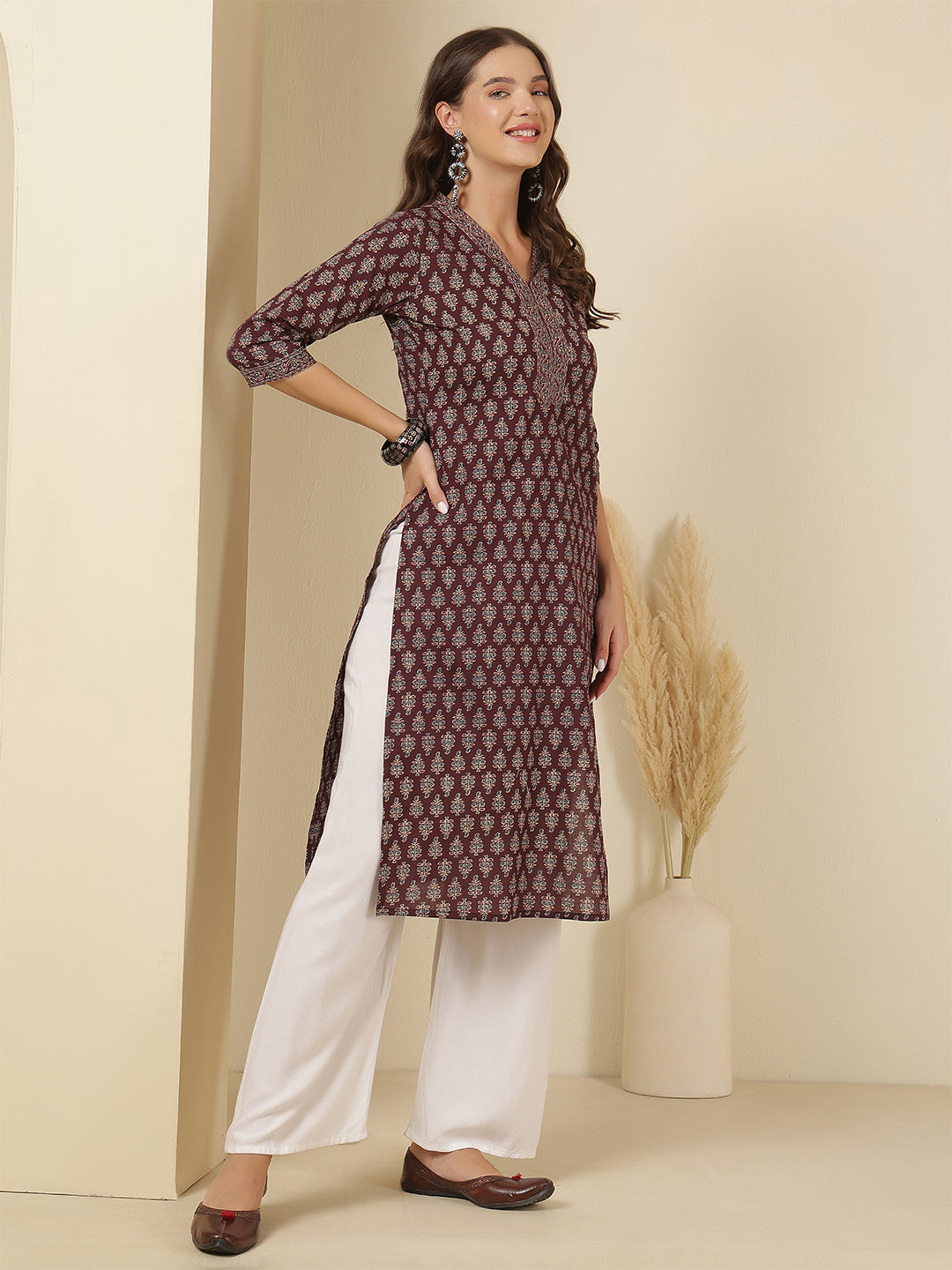 Burgundy Printed Straight Kurta with Three Quarter Sleeves | LASVINI - Redefining Indian Fashion with Elegance