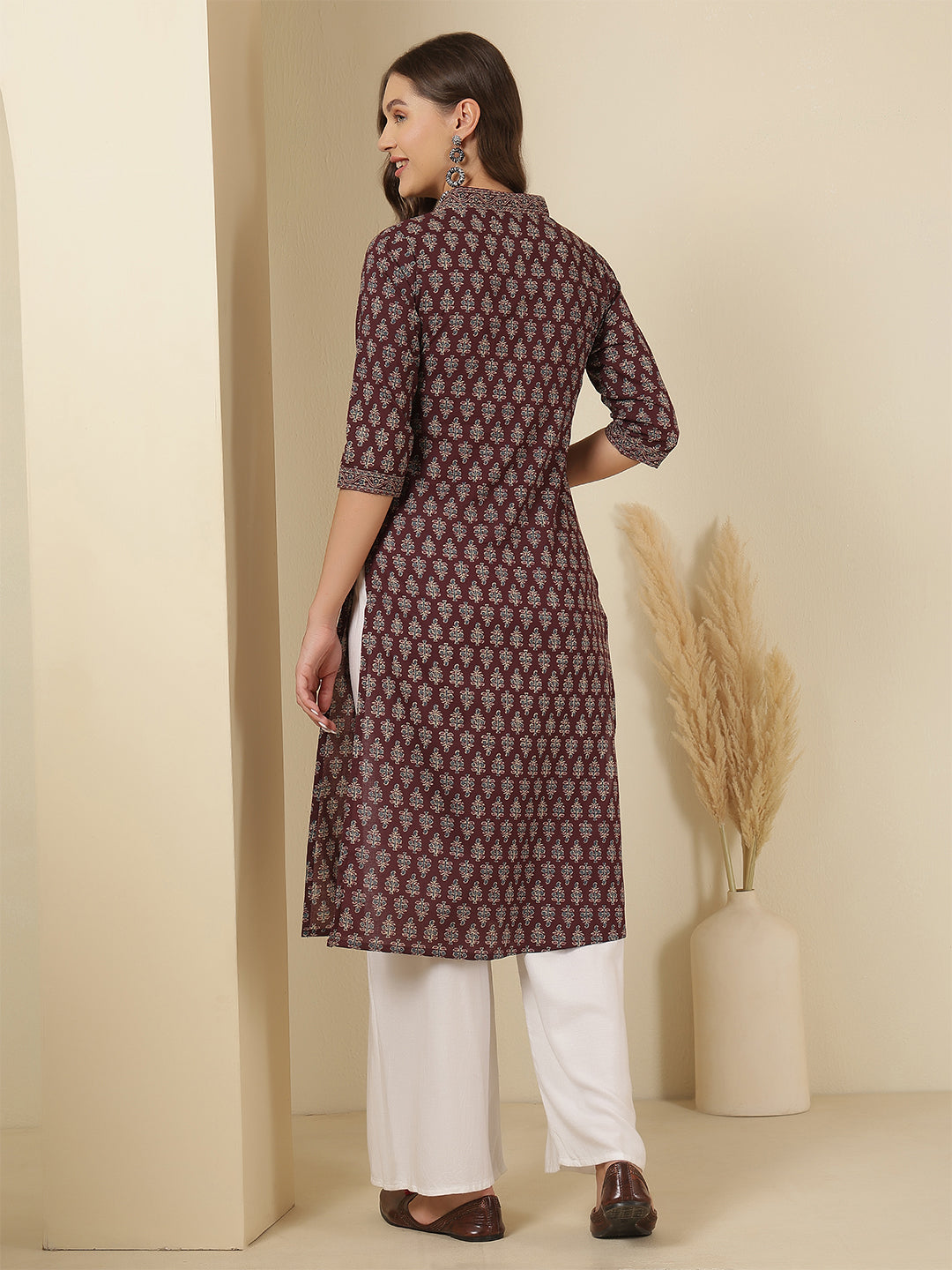 Burgundy Printed Straight Kurta with Three Quarter Sleeves | LASVINI - Redefining Indian Fashion with Elegance