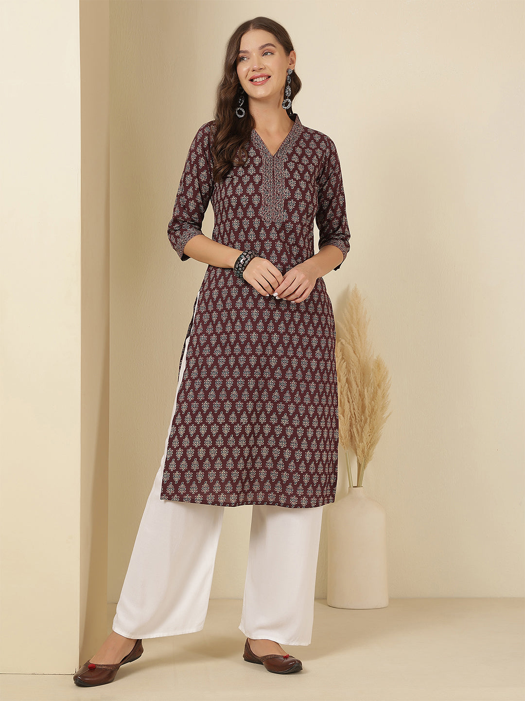 Burgundy Printed Straight Kurta with Three Quarter Sleeves | LASVINI - Redefining Indian Fashion with Elegance