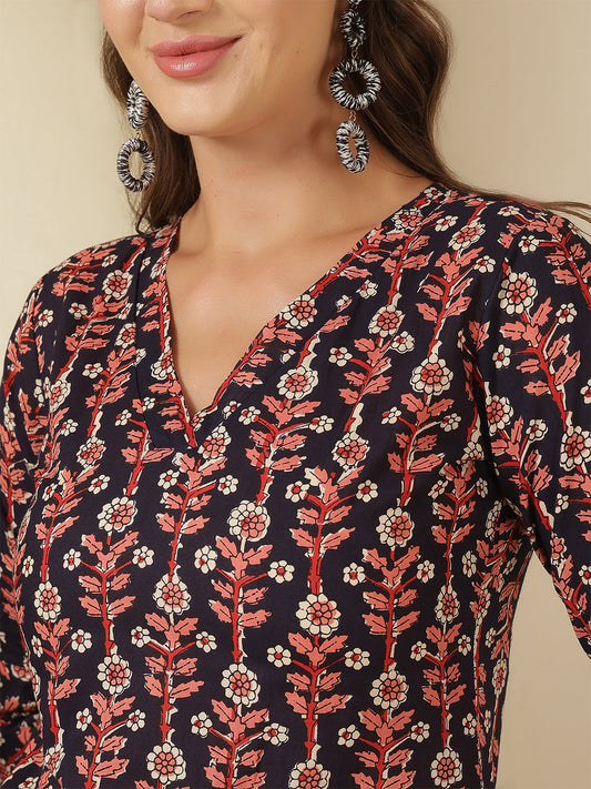 Blue Printed Straight Kurta with Three Quarter Sleeves | LASVINI - Redefining Indian Fashion with Elegance