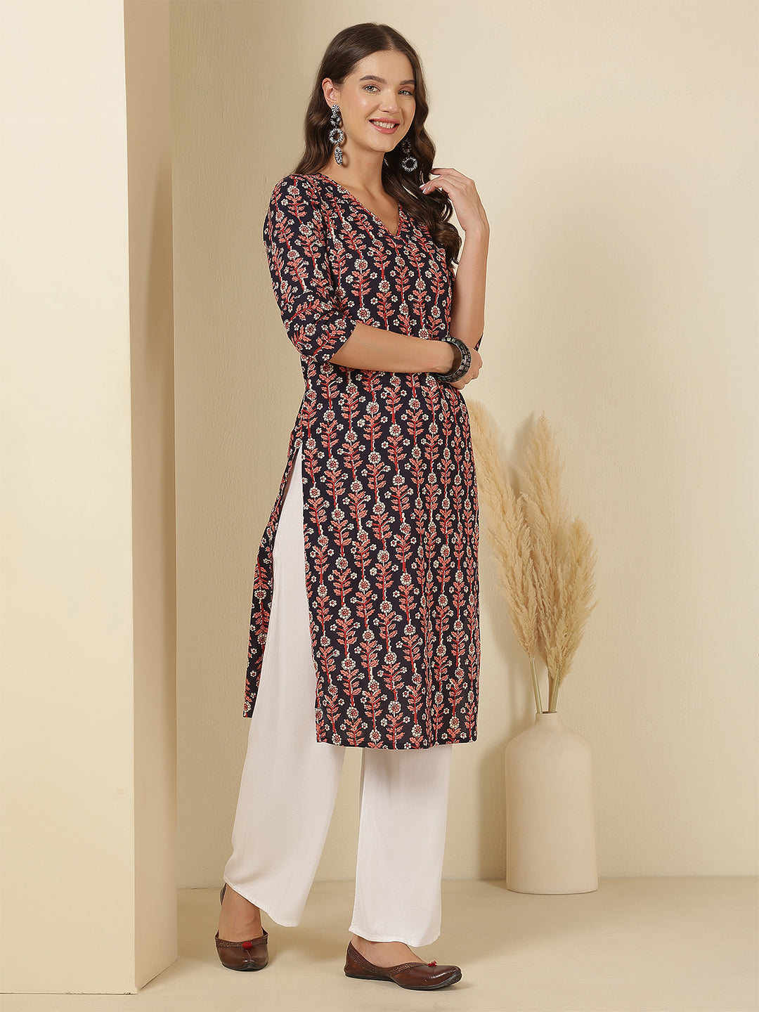 Blue Printed Straight Kurta with Three Quarter Sleeves | LASVINI - Redefining Indian Fashion with Elegance