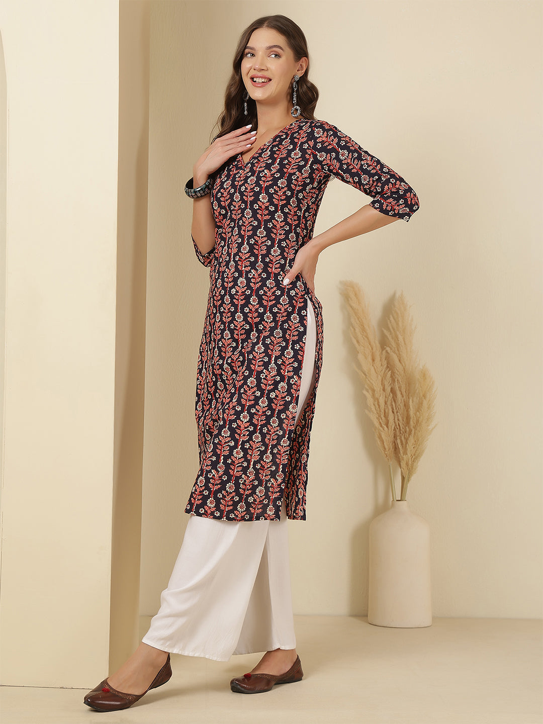 Blue Printed Straight Kurta with Three Quarter Sleeves | LASVINI - Redefining Indian Fashion with Elegance