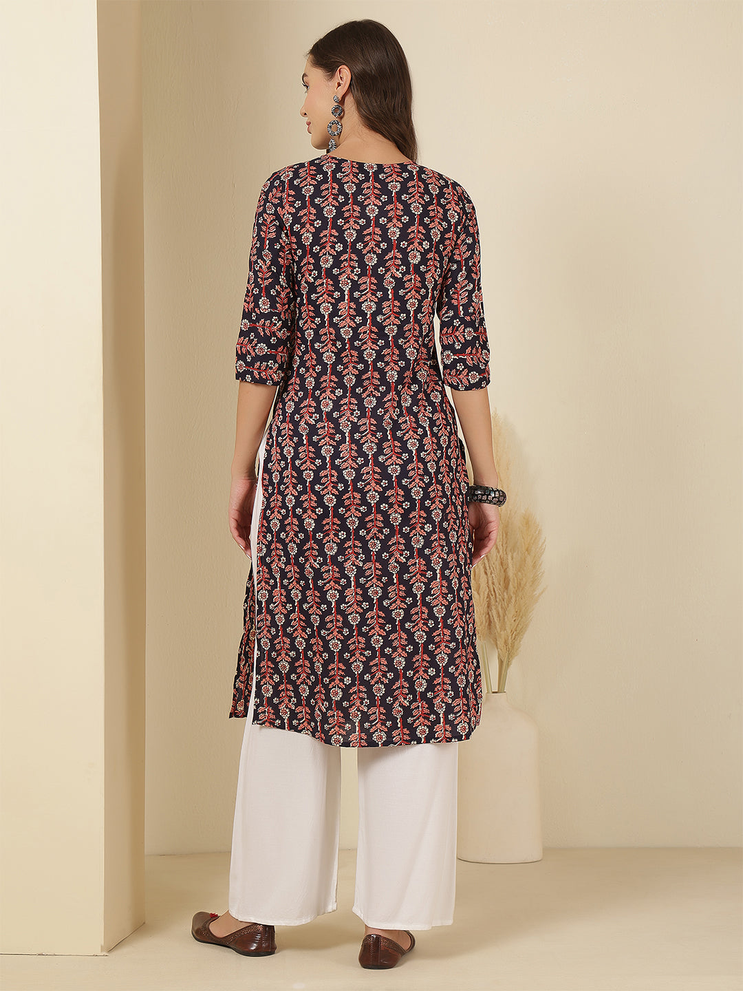 Blue Printed Straight Kurta with Three Quarter Sleeves | LASVINI - Redefining Indian Fashion with Elegance