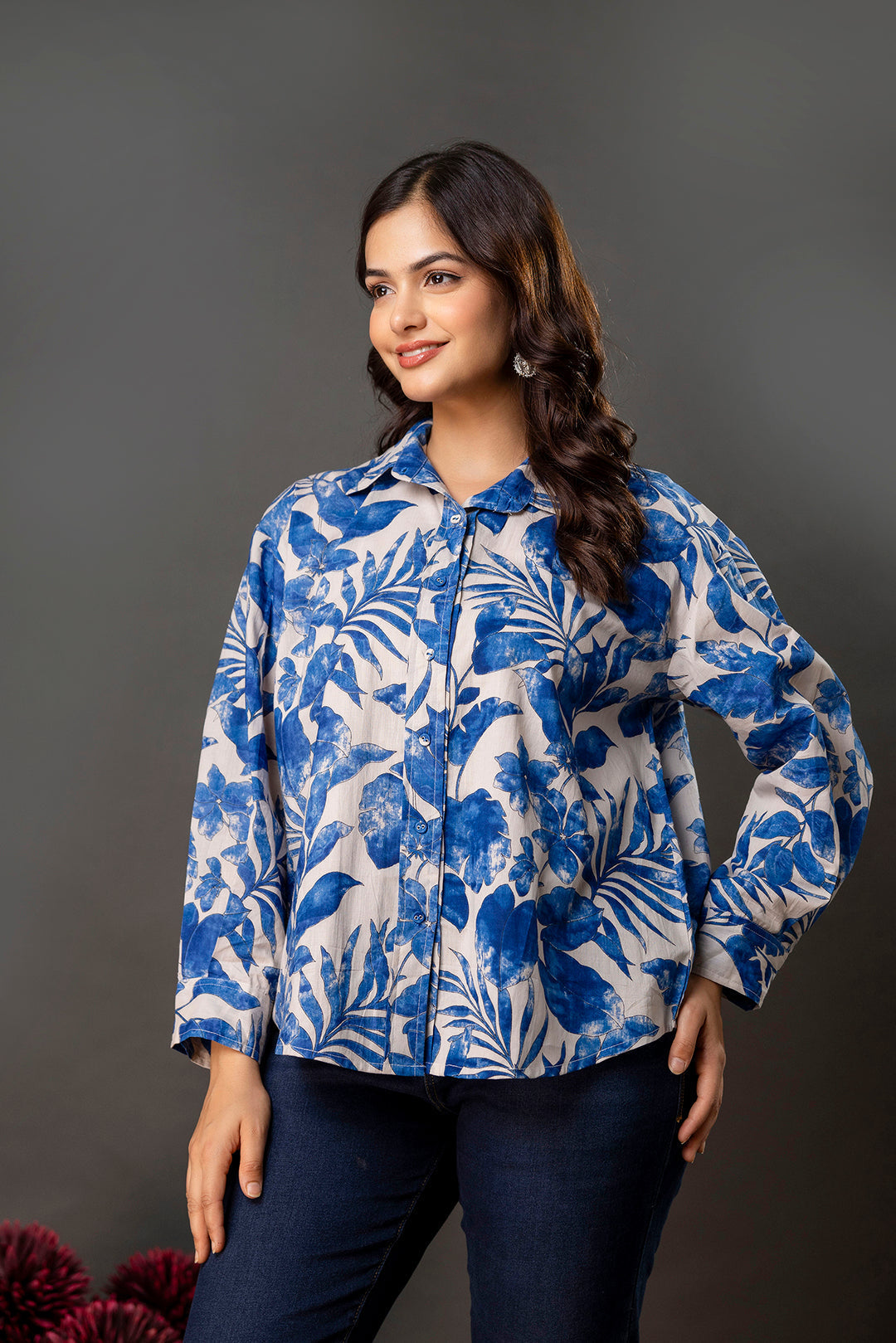 White & Blue Floral Printed Shirt for Women | LASVINI - Redefining Indian Fashion with Elegance