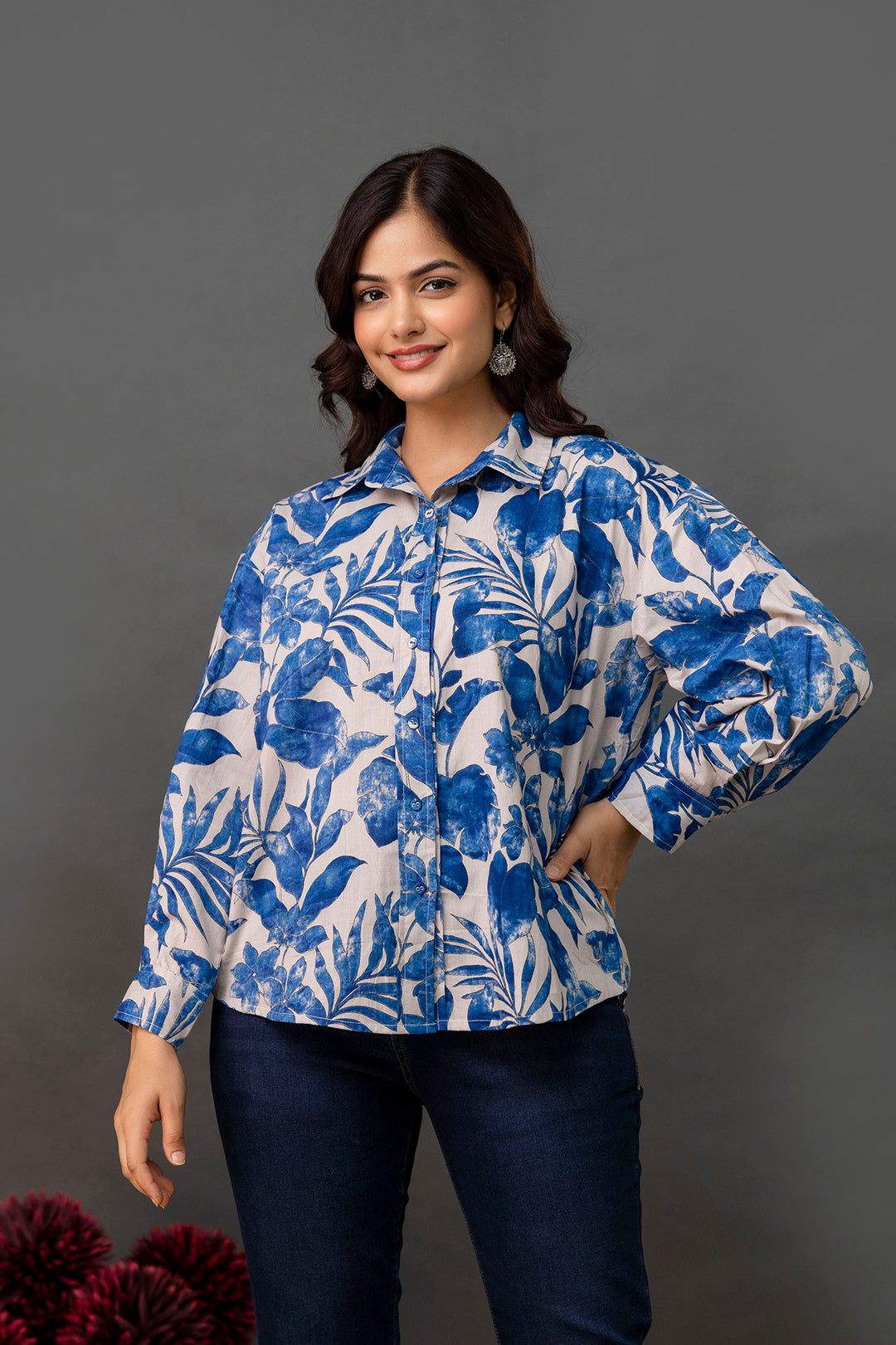 White & Blue Floral Printed Shirt for Women | LASVINI - Redefining Indian Fashion with Elegance