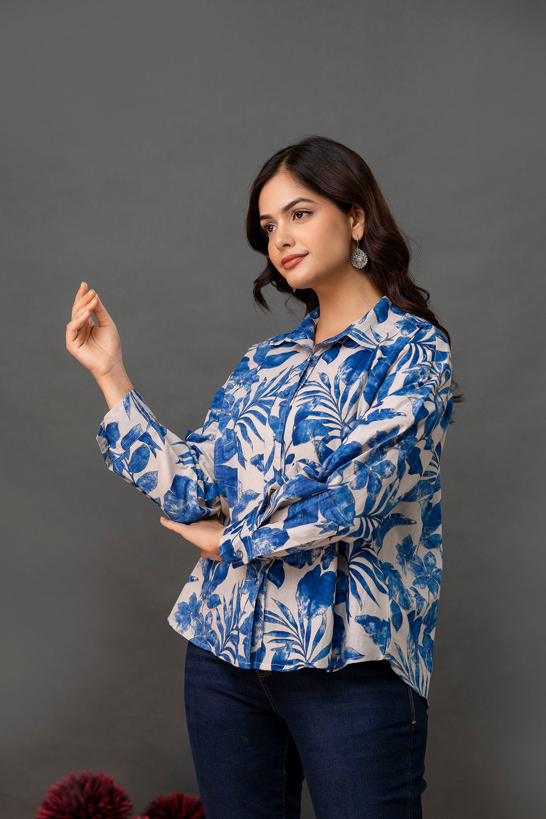 White & Blue Floral Printed Shirt for Women | LASVINI - Redefining Indian Fashion with Elegance