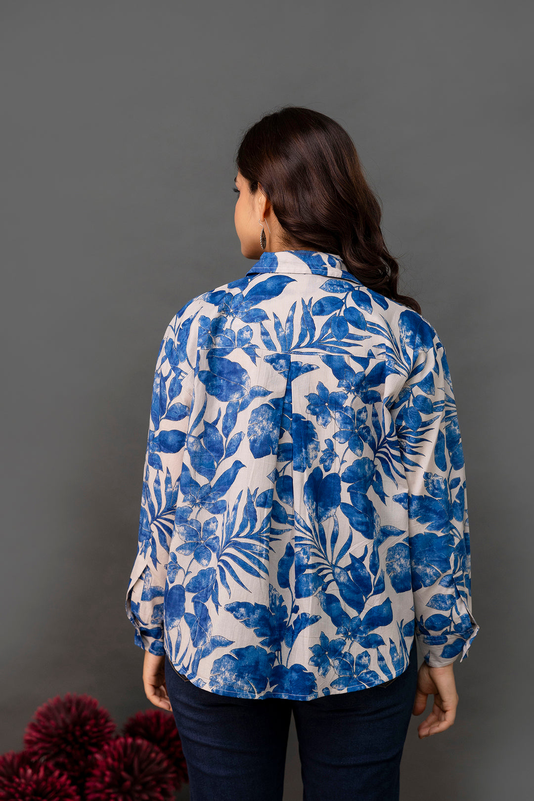 White & Blue Floral Printed Shirt for Women | LASVINI - Redefining Indian Fashion with Elegance