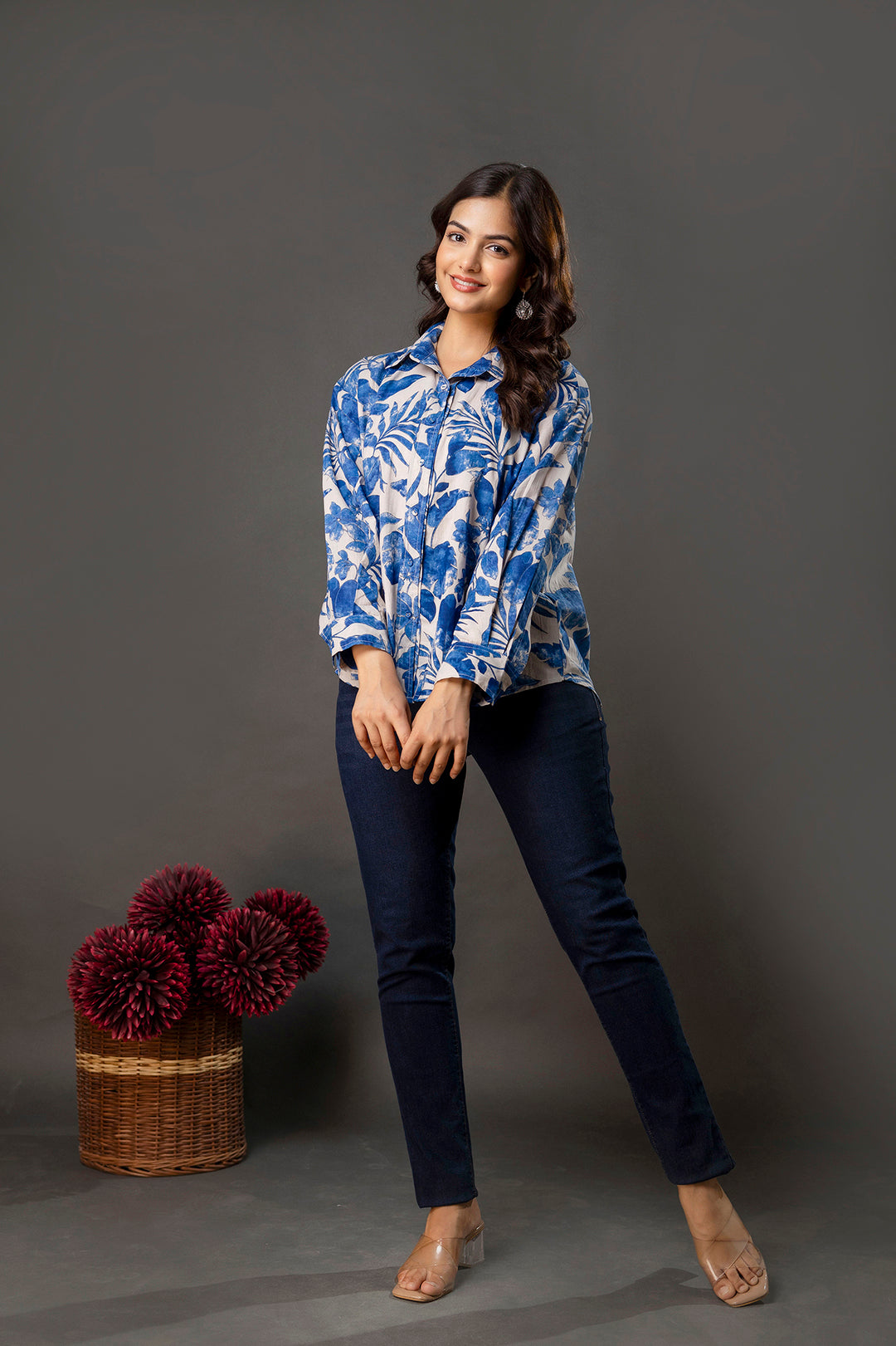 White & Blue Floral Printed Shirt for Women | LASVINI - Redefining Indian Fashion with Elegance
