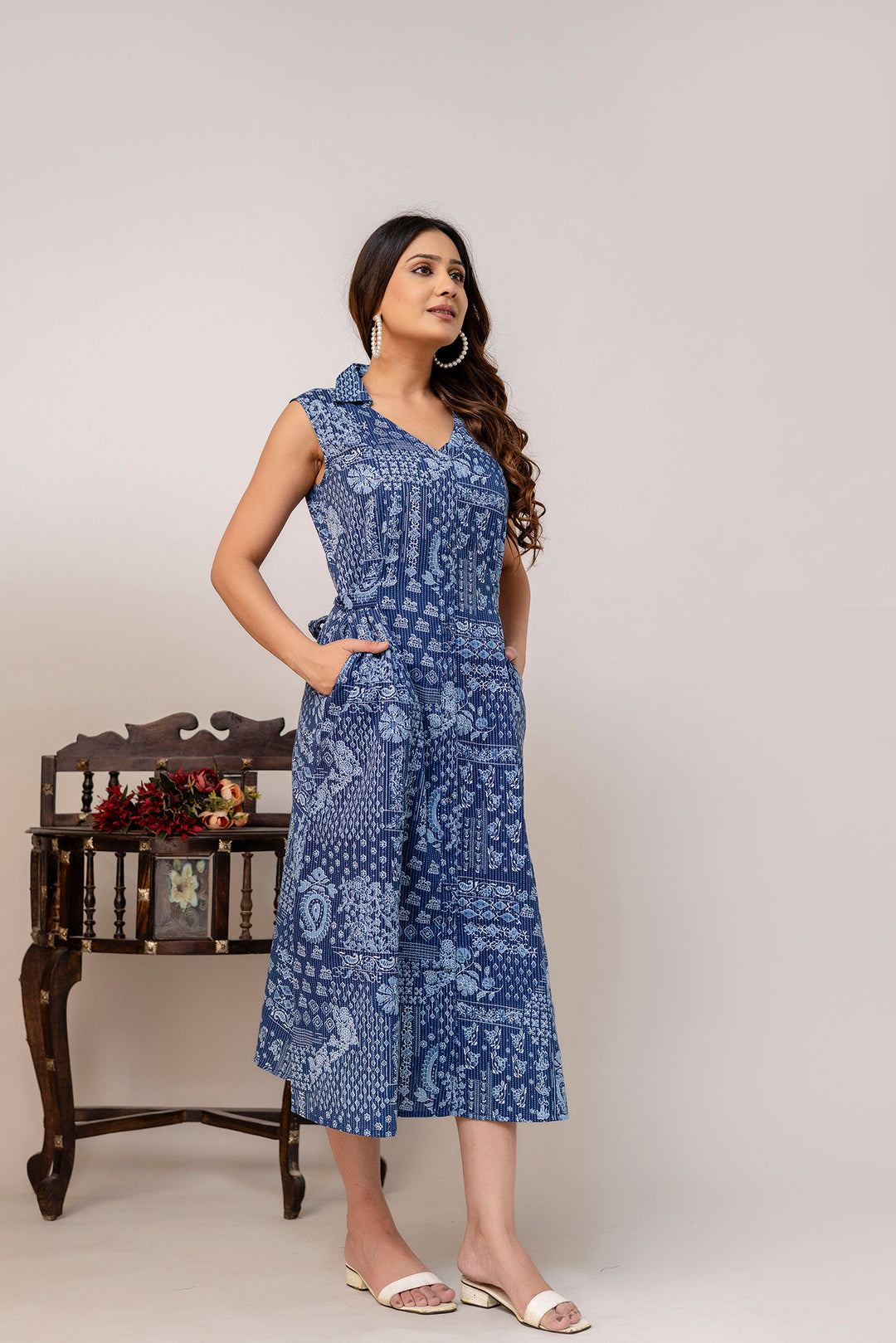 Blue Printed Notched Collar Dress for Women | LASVINI - Redefining Indian Fashion with Elegance