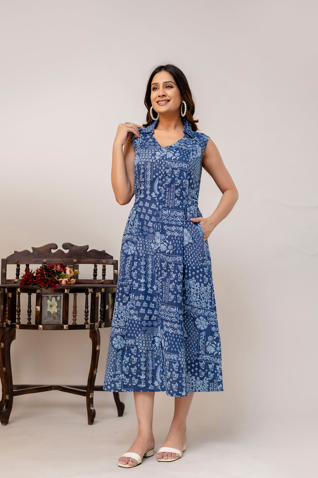Blue Printed Notched Collar Dress for Women | LASVINI - Redefining Indian Fashion with Elegance