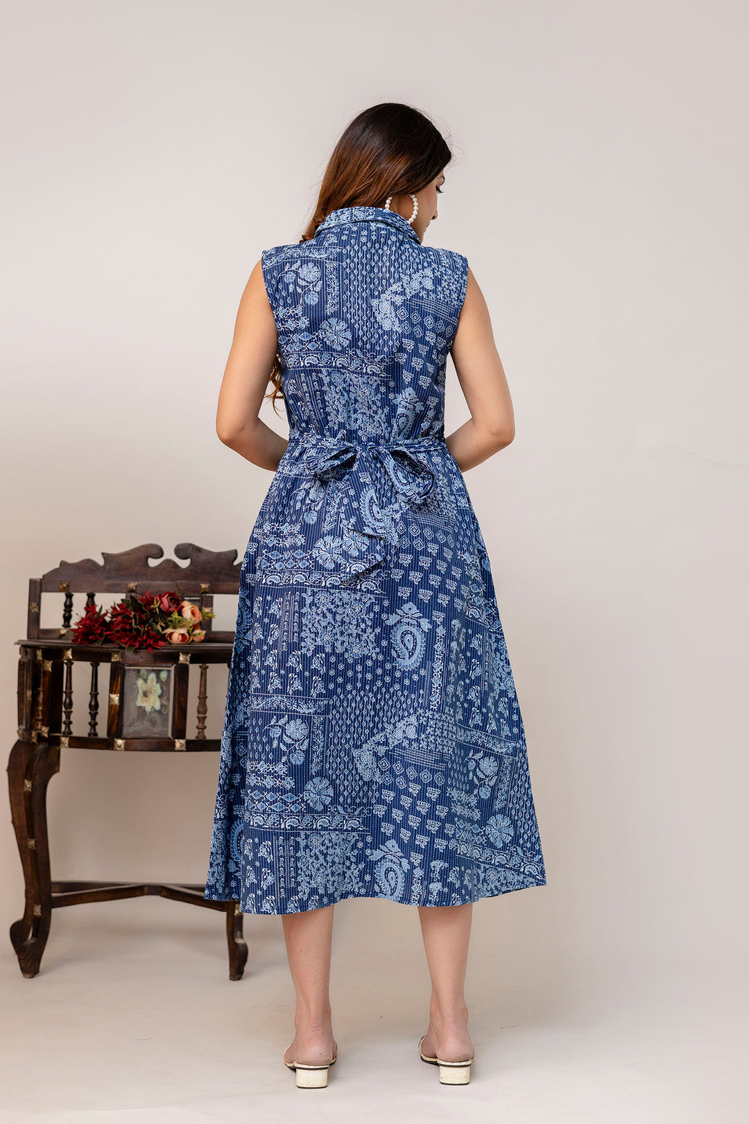 Blue Printed Notched Collar Dress for Women | LASVINI - Redefining Indian Fashion with Elegance