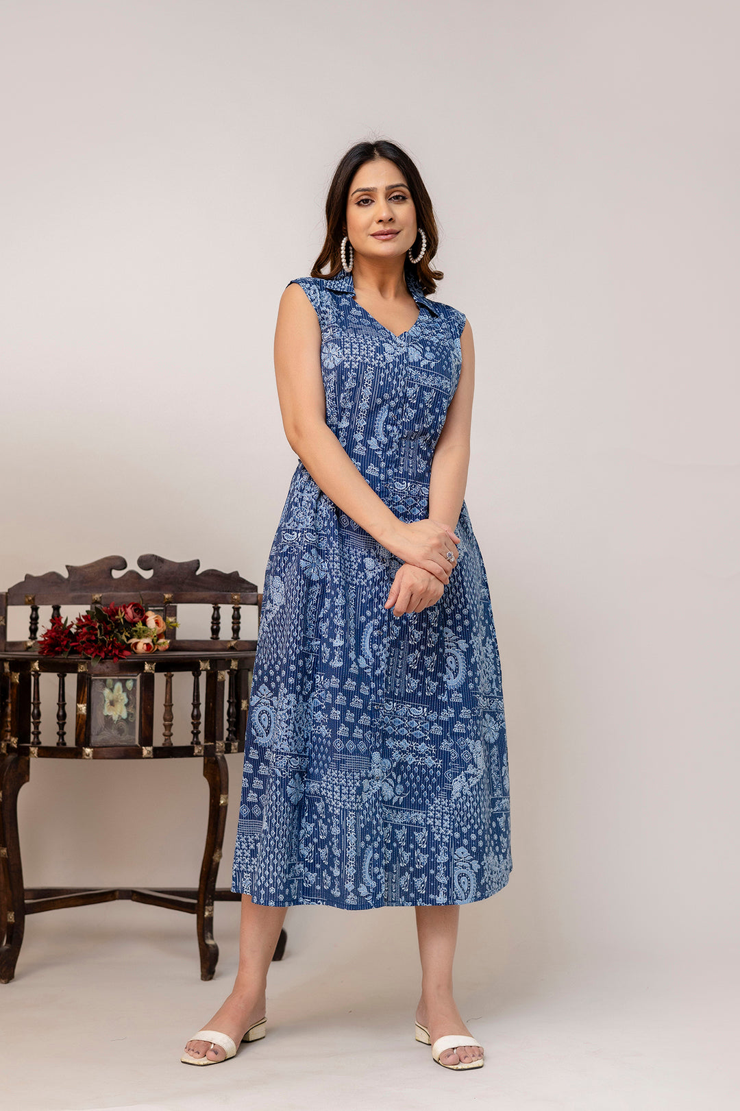 Blue Printed Notched Collar Dress for Women | LASVINI - Redefining Indian Fashion with Elegance